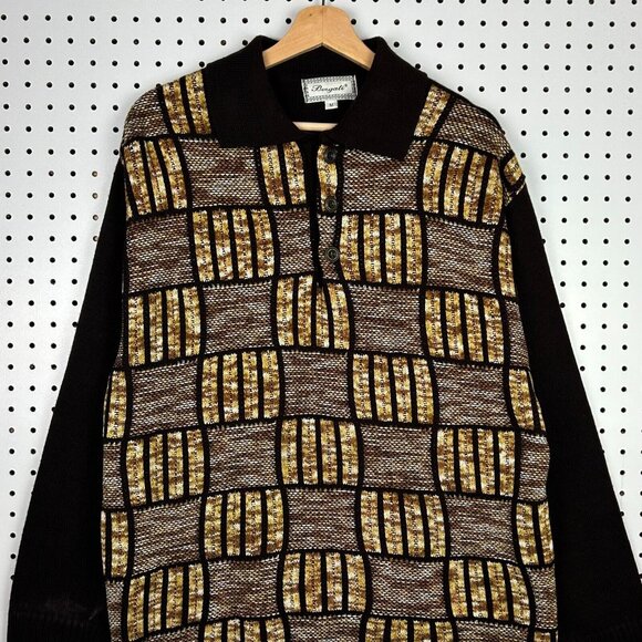 Bergati Brown Coogi Style Knit Sweater Medium 90s Hip Brown‎ Grandpa Streetwear - Picture 1 of 7
